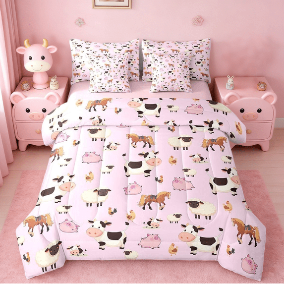 Manfei Farm Cow Sheep 7pcs Bedding Comforter Set Boys Girls,Cartoon Animals Queen Bedding Sets For Kids Reversible