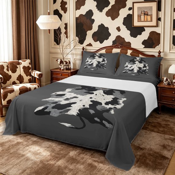 Manfei Farm Cow Spot Bed Sheets 4-Piece,Rustic Farm Animal Full Size Sheets,Black White,1 Flat Sheet,1 Fitted Sheet and 2 Pillowcases
