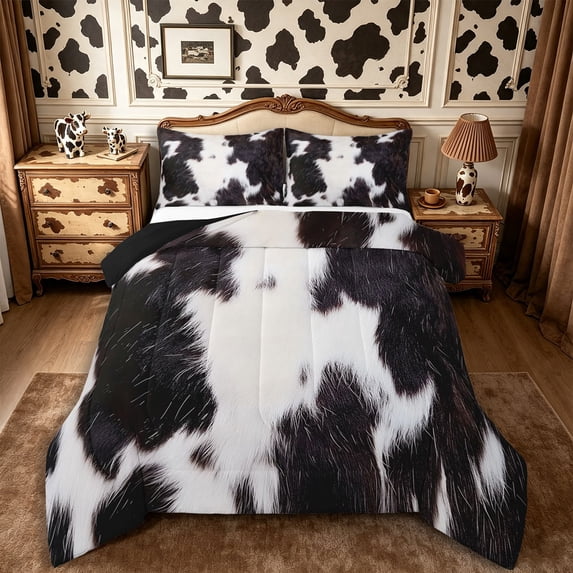 Manfei Farm Cow Spot Full Size Comforter Sets 3-Piece,Minimalist Animal Pattern Bedding Comforter Set,Black White,1 Comforter and 2 Pillowcases,Reversible