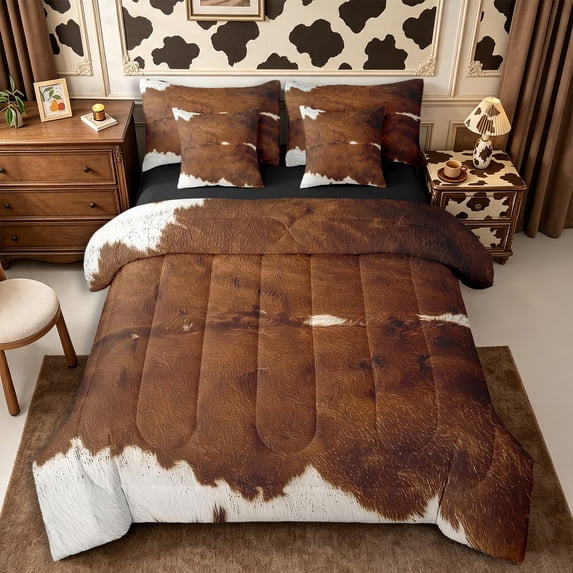 Manfei Farm Cow Spot Queen Bedding 7pcs,Rustic Farm Animal Bedding Comforter Set Queen,Brown Off White