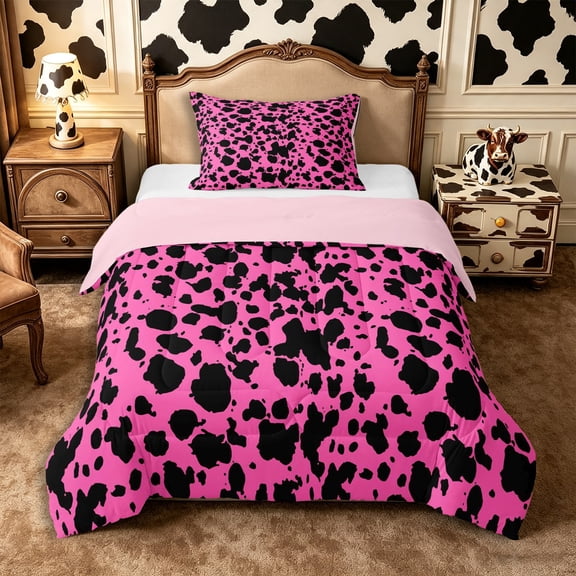 Manfei Farm Cow Spot Twin Comforter Sets 2pcs,Rustic Farm Animal Bedding Set,Pink Black,1 Comforter and 1 Pillowcase,Reversible