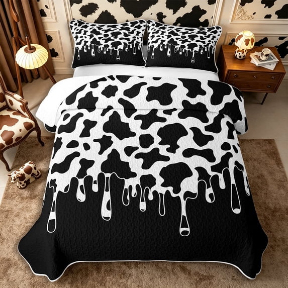 Manfei Farm Cow Spot Twin Quilt Set 2 Pieces,Abstract Animal Spot Twin Coverlet Set,Black White,1 Bedspread and 1 Pillowcase