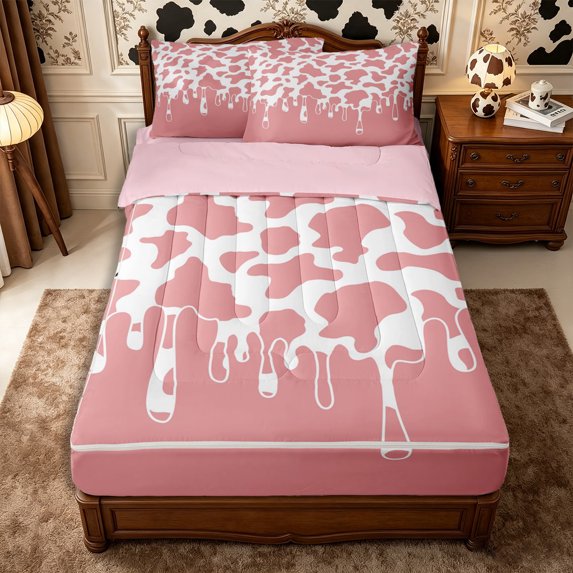 Manfei Farm Cow Spot Zipper Queen Comforter Set with Fitted Sheet and 2 Pillowcases,Abstract Animal Spot Zipper Bedding Set,Light Pink White,Reversible