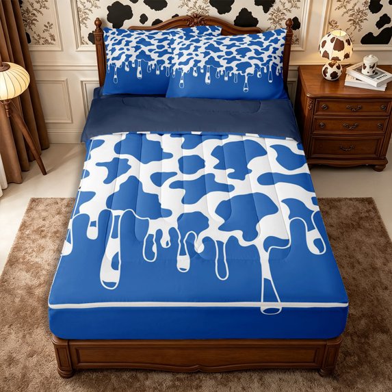 Manfei Farm Cow Spot Zipper Queen Comforter Set with Fitted Sheet and 2 Pillowcases,Minimalist Animal Pattern Zipper Bedding Set,Royal Blue White,Reversible