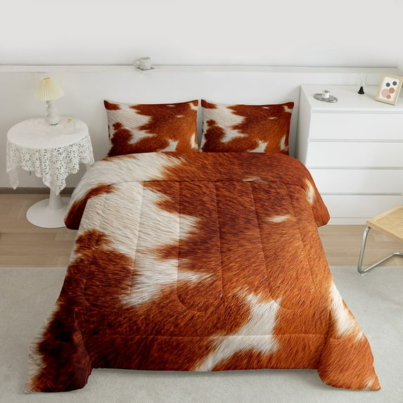Manfei Farm Cowhide King Size Comforter Sets,Rustic Farmhouse Cabin Bedding Comforter Set,Orange Beige Cow Hide Bedding Set For Men Women,Ultra Soft Home Decor,3pcs