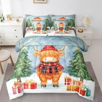 Manfei Farm Highland Cattle 7-Piece Twin Bedding Sets,Chic Christmas Tree Bedding Comforter Set,Brown Green Blue Sheet Sets For Children,Luxury Bedroom Decor Reversible