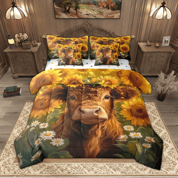 Manfei Farm Highland Cattle Bedding Comforter Set 7 Pieces, Chic Sunflower Daisy Queen Bedding Sets, Retro Farmhouse Queen Sheet Sets, Super Cozy Room Decor