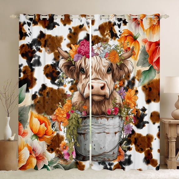 Manfei Farm Highland Cattle Blackout Curtains Set of 2 (52x84 Each),Farmhouse Cowhide Window Curtains,Rustic Flower Floral Curtains and Drapes For Children,Super Cozy Room Decor