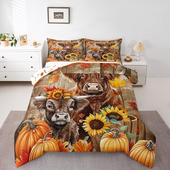 Manfei Farm Highland Cattle Full Size Comforter Sets,Rustic Sunflower Pumpkin Bedding Comforter Set,Old Barn Door Bedding Sets For Kids,Super Cozy Room Decor Reversible,3-Piece