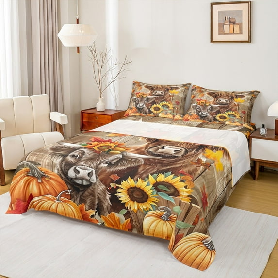 Manfei Farm Highland Cattle Full Size Sheets,Rustic Sunflower Pumpkin Bed Sheets,Old Barn Door Sheet Sets For Kids,Super Cozy Room Decor,4-Piece