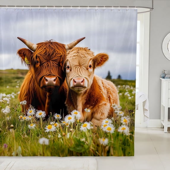 Manfei Farm Highland Cattle Shower Curtain 72Wx84L,Floral Daisy Animal Bathroom Shower Curtain,Green Brown