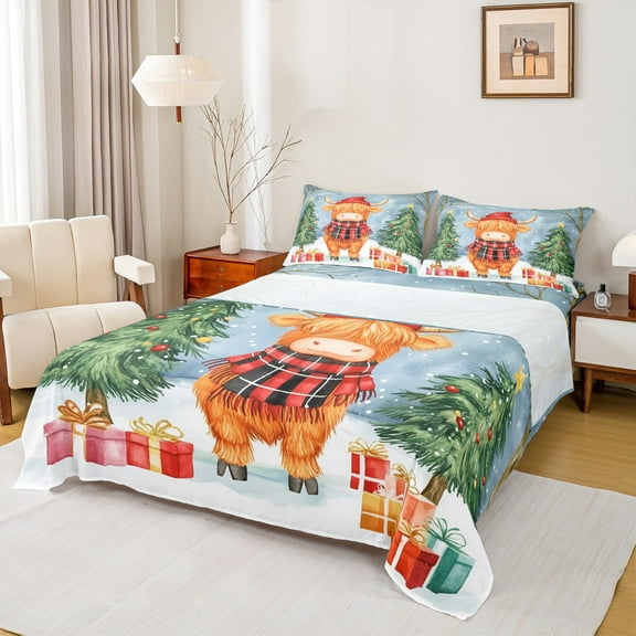 Manfei Farm Highland Cattle Twin Sheet Sets,Chic Christmas Tree Twin Fitted Sheet,Brown Green Blue Flat Sheet For Children,Luxury Bedroom Decor,3-Piece