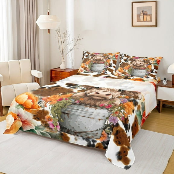 Manfei Farm Highland Cattle Twin Sheet Sets,Farmhouse Cowhide Twin Fitted Sheet,Rustic Flower Floral Flat Sheet For Children,Super Cozy Room Decor,3-Piece