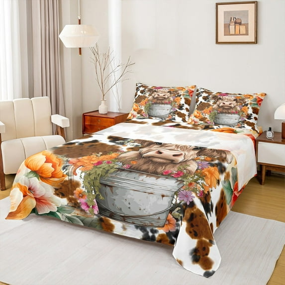 Manfei Farm Highland Cattle Twin Sheet Sets,Farmhouse Cowhide Twin Fitted Sheet,Rustic Flower Floral Flat Sheet For Children,Super Cozy Room Decor,3-Piece