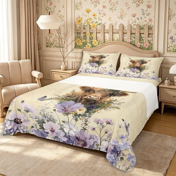 Manfei Farm Highland Cow Bed Sheets 4-Piece,Vintage Floral Animal Full Size Sheets,Beige Purple,1 Flat Sheet,1 Fitted Sheet and 2 Pillowcases