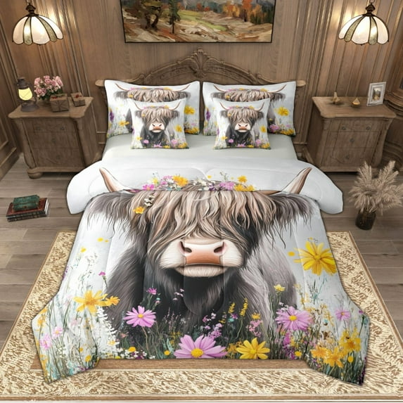 Manfei Farm Highland Cow Bedding Comforter Set 7 Pieces, Orange Pink Daisy Floral Queen Bedding Sets, Vintage Farmhouse Queen Sheet Sets, Lightweight Room Decor
