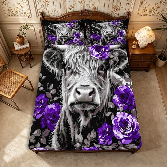 Manfei Farm Highland Cow Fitted Sheet Queen 3-Piece,Chic Floral Rose Animal Bedding,Purple Gray,1 Fitted Sheet and 2 Pillowcases