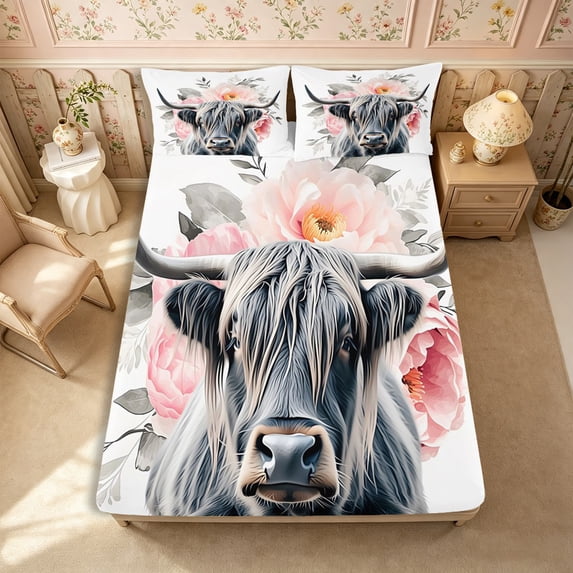 Manfei Farm Highland Cow Fitted Sheet Queen 3-Piece,Chic Flowers Bedding,Gray Pink,1 Fitted Sheet and 2 Pillowcases