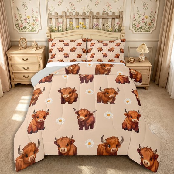 Manfei Farm Highland Cow King Size Comforter Sets 3pcs,Cute Daisy Animal Comforters King Size,Peach Brown,1 Comforter and 2 Pillowcases,Reversible