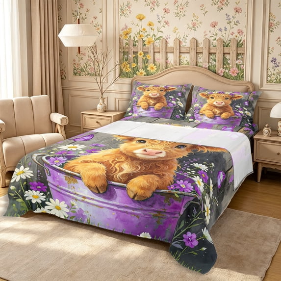 Manfei Farm Highland Cow Queen Sheets 4 Pieces,Butterflies Floral Daisy Queen Sheet Sets,Orange Purple,1 Flat Sheet,1 Fitted Sheet and 2 Pillowcases