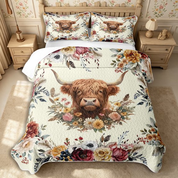 Manfei Farm Highland Cow Quilt King 3 Pieces,Chic Flowers King Coverlet Set,Khaki Brown,1 Bedspread and 2 Pillowcases