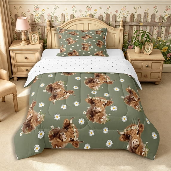 Manfei Farm Highland Cow Twin Comforter Sets 2pcs,Watercolor Floral Daisy Bedding Set,Olive Green White,1 Comforter and 1 Pillowcase,Reversible