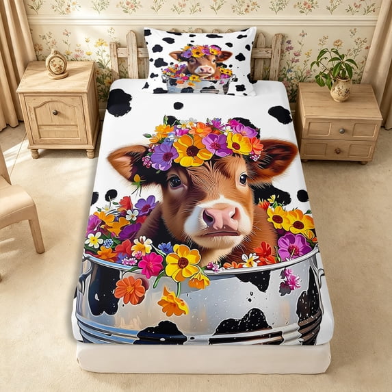 Manfei Farm Highland Cow Twin Fitted Sheet 2 Pieces,Cow Print Bedding,White Black,1 Fitted Sheet and 1 Pillowcase