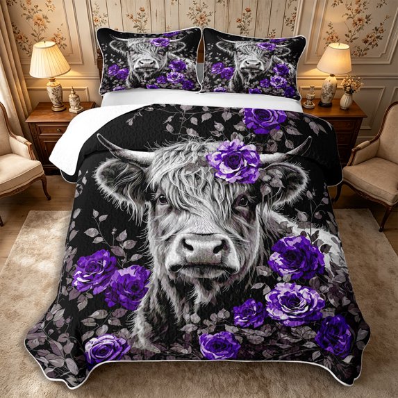 Manfei Farm Highland Cow Twin Quilt Set 2 Pieces,Chic Floral Rose Animal Twin Coverlet Set,Purple Gray,1 Bedspread and 1 Pillowcase
