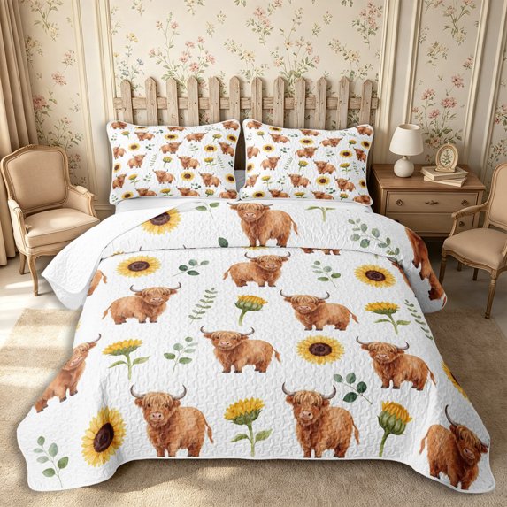 Manfei Farm Highland Cow Twin Quilt Set 2 Pieces,Kawaii Floral Animal Twin Coverlet Set,White Yellow,1 Bedspread and 1 Pillowcase