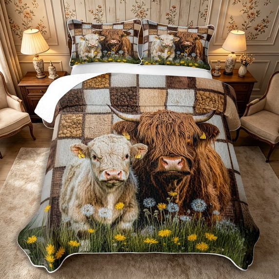 Manfei Farm Highland Cow Twin Quilt Set 2 Pieces,Vintage Checkered Twin Coverlet Set,Brown White,1 Bedspread and 1 Pillowcase