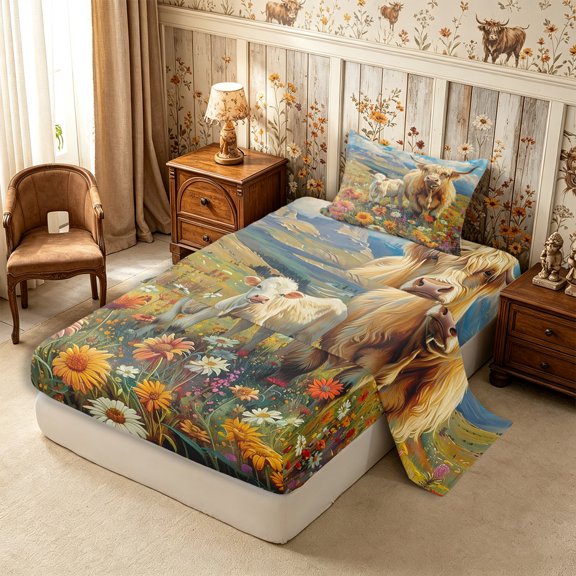 Manfei Farm Highland Cow Twin Sheets 3pcs,Western Animal Bedding,Golden Sky Blue,1 Flat Sheet,1 Fitted Sheet and 1 Pillowcase