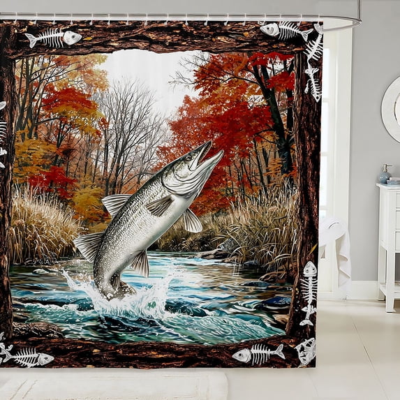 Manfei Farm Jumping Fish Shower Curtain 72Wx72L, Autumn Forest Bathroom Curtain, Orange Blue Brown