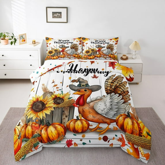 Manfei Farm Turkey Sunflower King Size Comforter Sets,Thanksgiving Theme Bedding Comforter Set,Autumn Harvest Pumpkin Bedding Set For Kids,Super Cozy Room Decor Reversible,3pcs