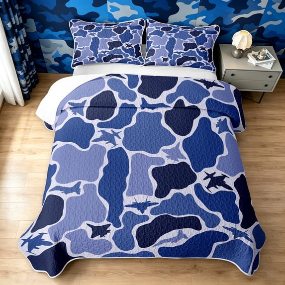 Manfei Farmhouse Aircraft Camo Quilt King, Old Fashion Plane Vehicle King Coverlet Set, Royal Blue, 3-Piece, 1 Bedspread and 2 Pillowcases