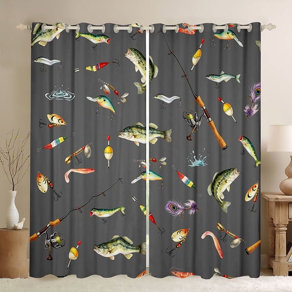 Manfei Farmhouse Bass Fish Blackout Curtains, Rustic Fishing Window Curtains Pack of 2 (38x45 Each), Gray