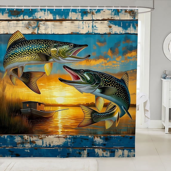 Manfei Farmhouse Bass Fish Shower Curtain 72Wx78L, Western Lodge Cabin Bath Curtain, Golden Blue