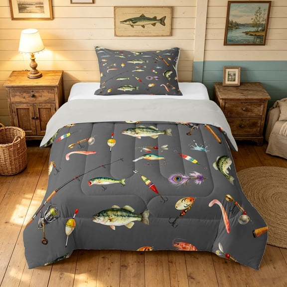 Manfei Farmhouse Bass Fish Twin Comforter Sets, Rustic Fishing Bedding Set, Gray, Gray Reversible, 2 Pieces, 1 Comforter and 1 Pillowcase