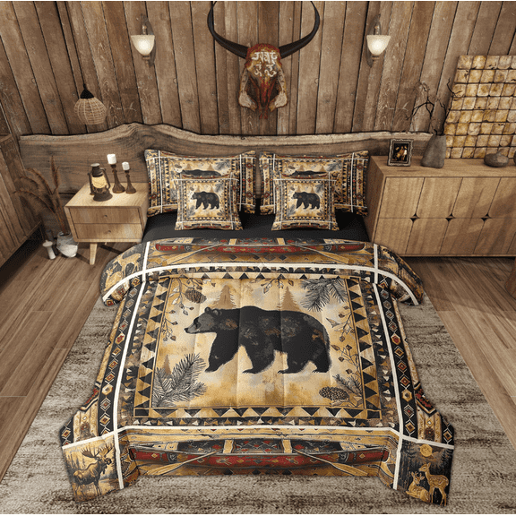 Manfei Farmhouse Bear Bedding Sets Twin Size, Rustic Wildlife Bed in a Bag Twin size, Jungle Animals Reversible Comforter Sets with Sheets, Lightweight Room Decorative, 7pcs