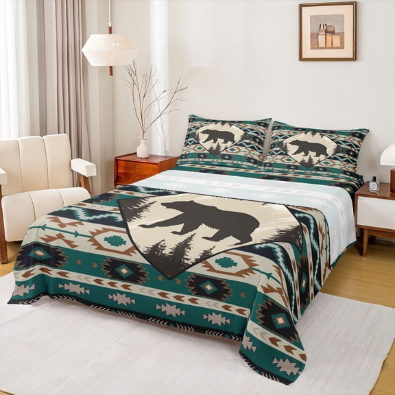 Homewish Farmhouse Bear Child Bed Sheets, Western Tribal Aztec King Sheets, Rustic Farmhouse Animal Sheet Set, Breathable Home Decor, 4 Pieces