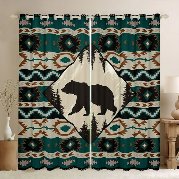 Homewish Farmhouse Bear Child Black Out Curtains, Western Tribal Aztec Curtains Pack of 2 (42x63 Each), Rustic Farmhouse Animal Bedroom Curtains, Black Out Curtains Decor