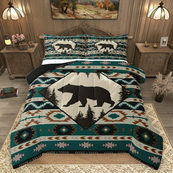 Homewish Farmhouse Bear Child Queen Comforter Set, Western Tribal Aztec Bedding Sets, Rustic Farmhouse Animal Reversible Bedding Comforter Set, Breathable Home Decor, 3 Pieces