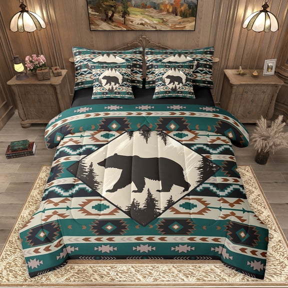 Homewish Farmhouse Bear Child Twin Bedding Sets 7-Piece, Western Tribal Aztec Bedding Comforter Set, Rustic Farmhouse Animal Reversible Sheet Sets, Breathable Home Decor