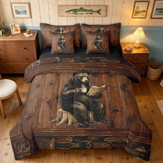 Manfei Farmhouse Bear Full Size Bedding Sets, Country Cottage Full Size Bed in a Bag, Brown, Black Reversible, 7pcs