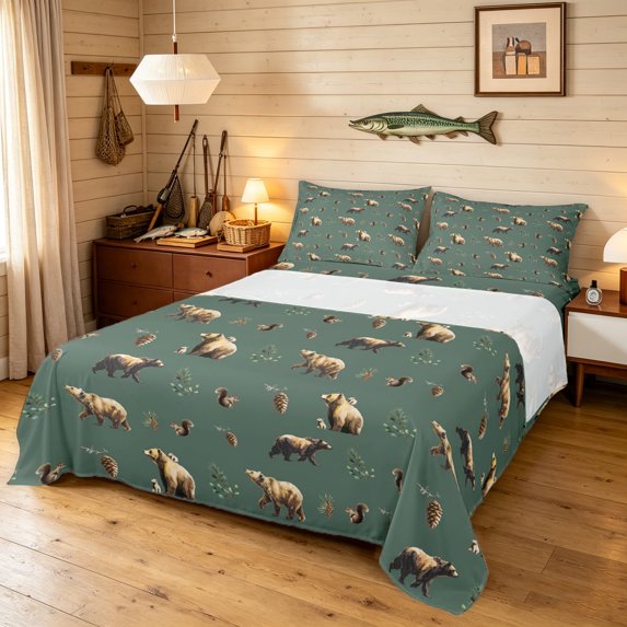 Manfei Farmhouse Bear King Sheets, Tribal JungleAnimal Bedding, Dark Green, 4 Pieces, 1 Flat Sheet, 1 Fitted Sheet and 2 Pillowcases