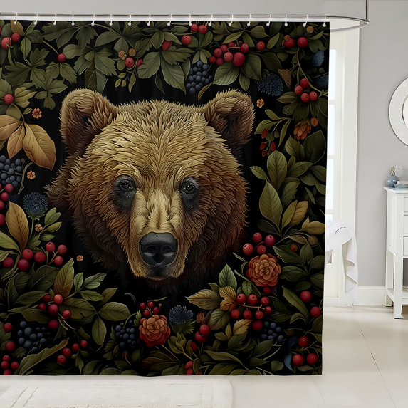 Manfei Farmhouse Bear Shower Curtain 72Wx78L, Rustic Garden Floral Bath Curtain, Dark Brown