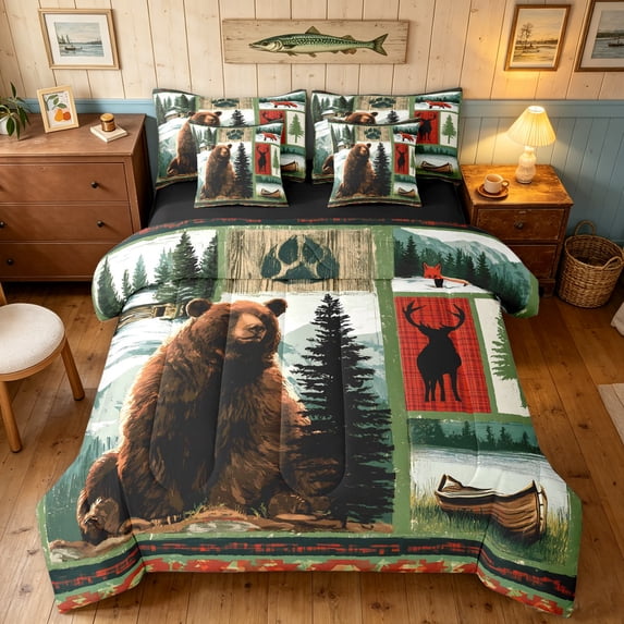 Manfei Farmhouse Bear Wildlife Full Size Bedding Sets, Tribal Lake House Full Size Bed in a Bag, Dark Brown White, Black Reversible, 7-Piece