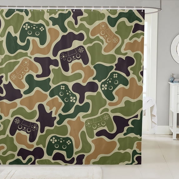 Manfei Farmhouse Camo Gamepad Shower Curtain 72Wx72L, Old Fashion Gaming Shower Curtain 72Wx72L, Olive Drab