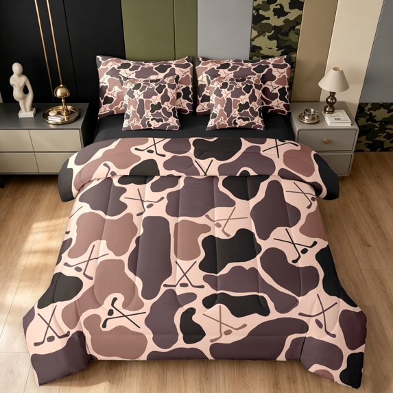 Manfei Farmhouse Camo King Bedding, Vintage Ice Hockey King Bed in a Bag, Burly Wood, Black Reversible, 7-Piece