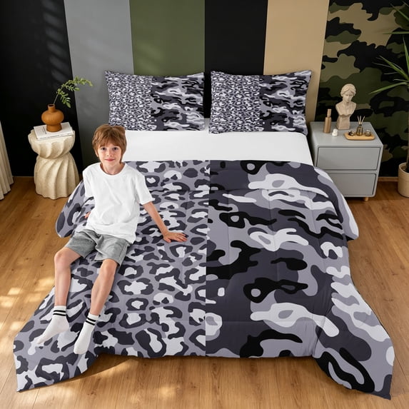 Manfei Farmhouse Camo Queen Comforter Set, Contemporary Art Leopard Animal Print Comforter Sets Queen, Charcoal Gray, Black Reversible, 3-Piece, 1 Comforter and 2 Pillowcases