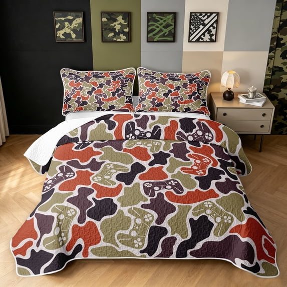 Manfei Farmhouse Camo Twin Quilt Set, Game Controller Twin Coverlet Set, Rust, 2-Piece, 1 Bedspread and 1 Pillowcase